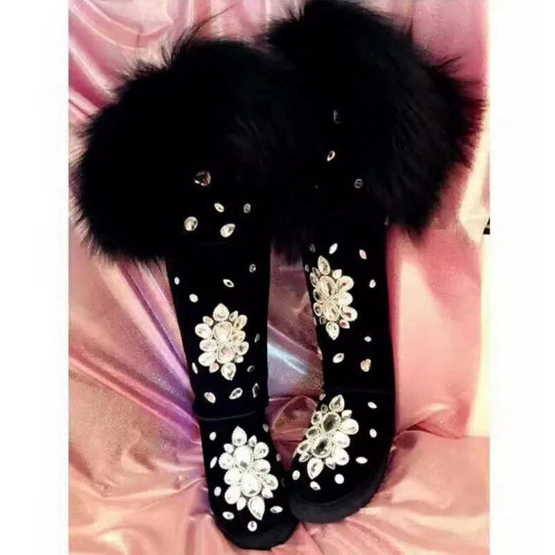 Glitter Colorful Diamond Crystal Fox Fur Wrapped Knee high Snow Boots Thick sole Fur inside Cow Suede Rhinestone Winter Boots