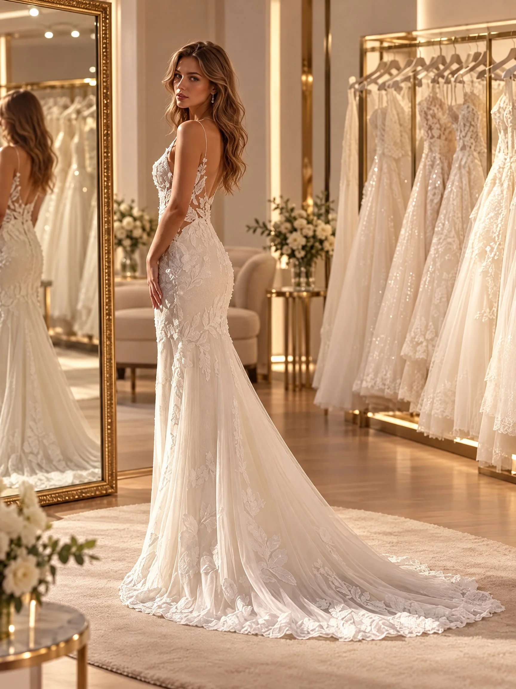 Boho Mermaid Wedding Dress V-Neck Lace Appliqué Bridal Gown Side Cutout Chapel Train Wedding Gown for Bride