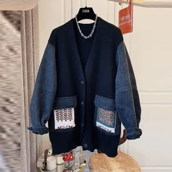 2023 Spring Autumn Oversize Loose Women Jacket New Knitted Sweater Cardigan Coat Female Retro Fashion Denim Stitching Jackets