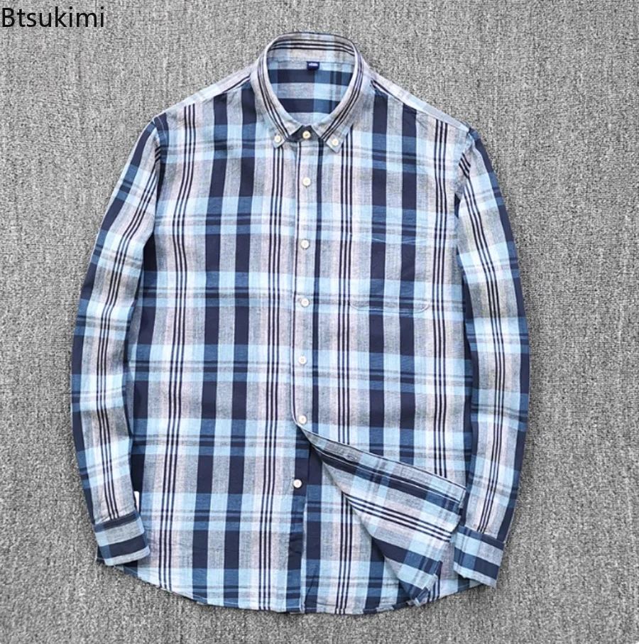 High-Quality Cotton Linen Men's Long Sleeved Shirt Comfort Breathable Classic Plaid Regular Fit Casual Business Social Shirts