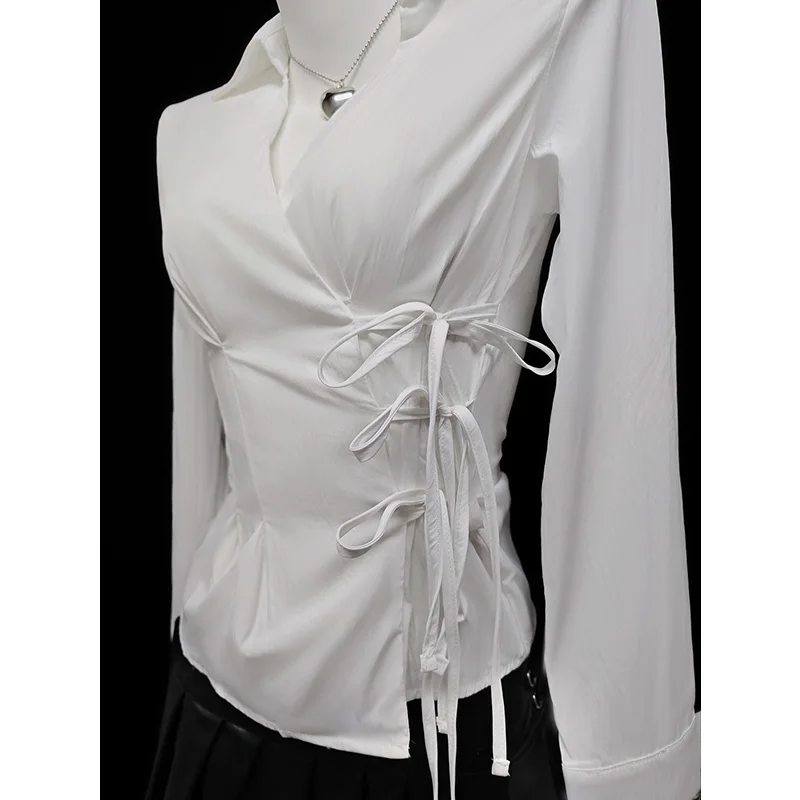 Benuynffy 2025 Otoño Invierno Color sólido Top con cordones mujer moda manga larga Y2k ropa de calle camisas y blusas blancas mujer nuevo