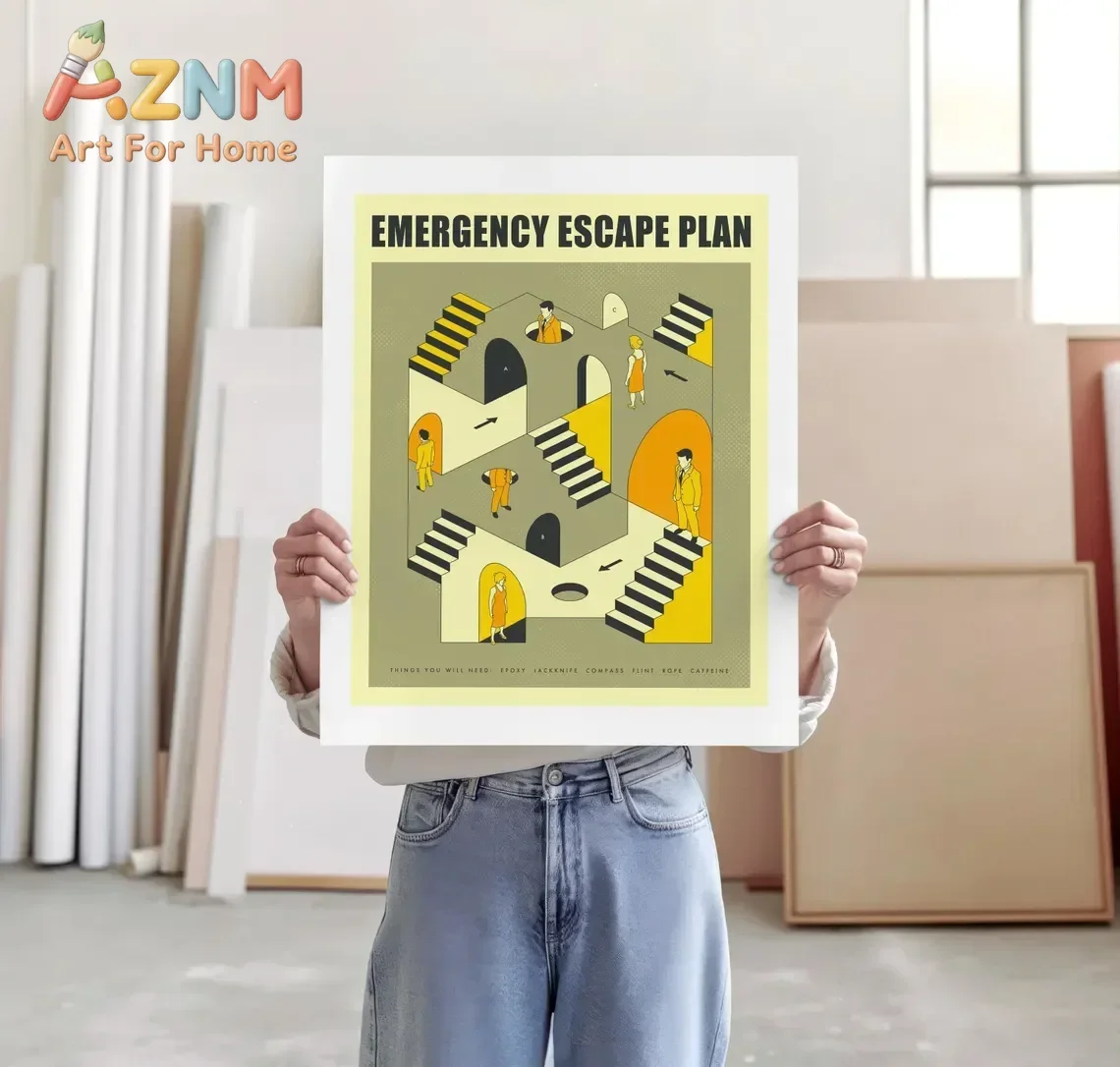 AZNM Emergency Escape Plan Canvas Wall Art Isometric Optical Illusion Maze Retro Graphic Art Print Unframed Canvas Poster for Ro