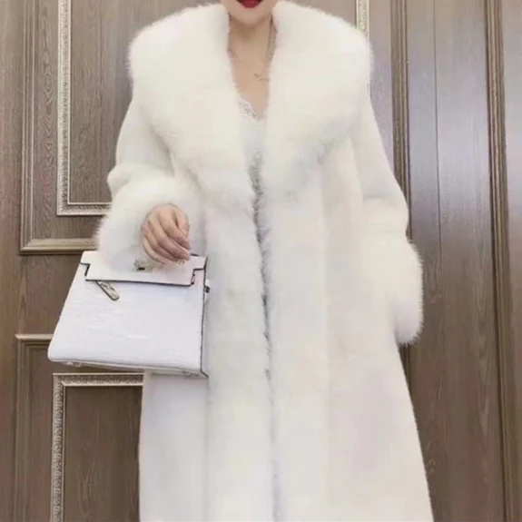 

Autumn Winter Women Faux Fur Coats Long Coat Thick Warm Turn Down Collar Open Stitch Spring Outerwear Jackets Elegant Splice