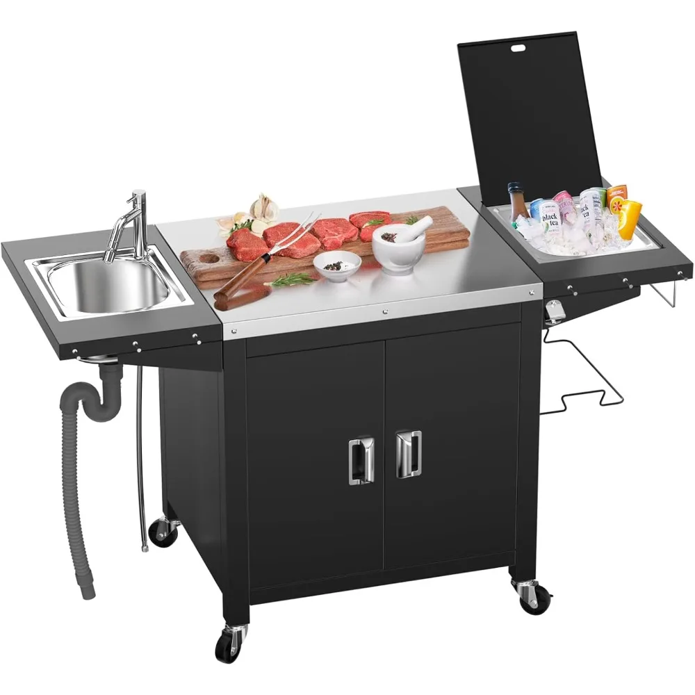 

Outdoor Kitchen Cabinet Island with Sink, Ice Bin, 100-Gallon Storage Cabinet, and Lockable Wheels, Stainless Steel Patio Prep