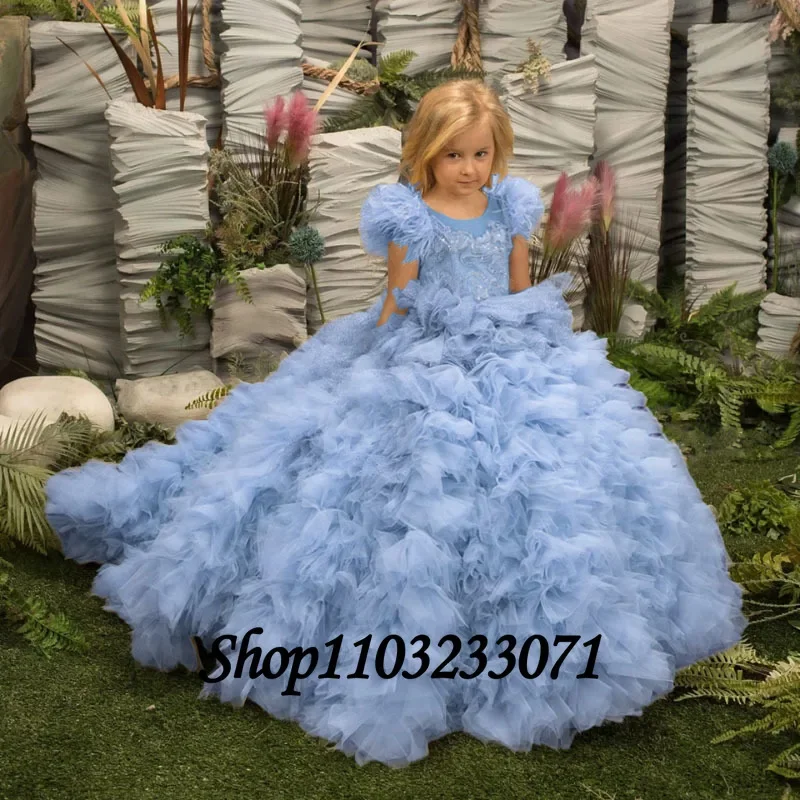 Customized Gorgeous Flower Girl Dress Lace Puff Sleeve Cute Child Kids Princess Birthday Festival Party First Communion Dress