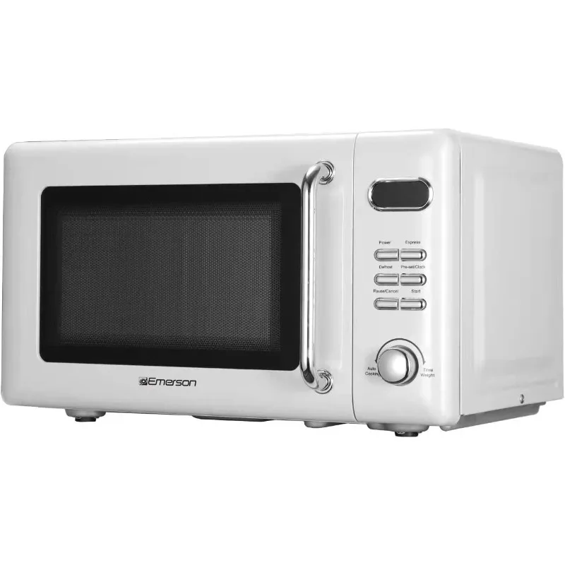 Compact countertop microwave with push button controls, LED display, 5 power levels, glass turntable and child safety lock