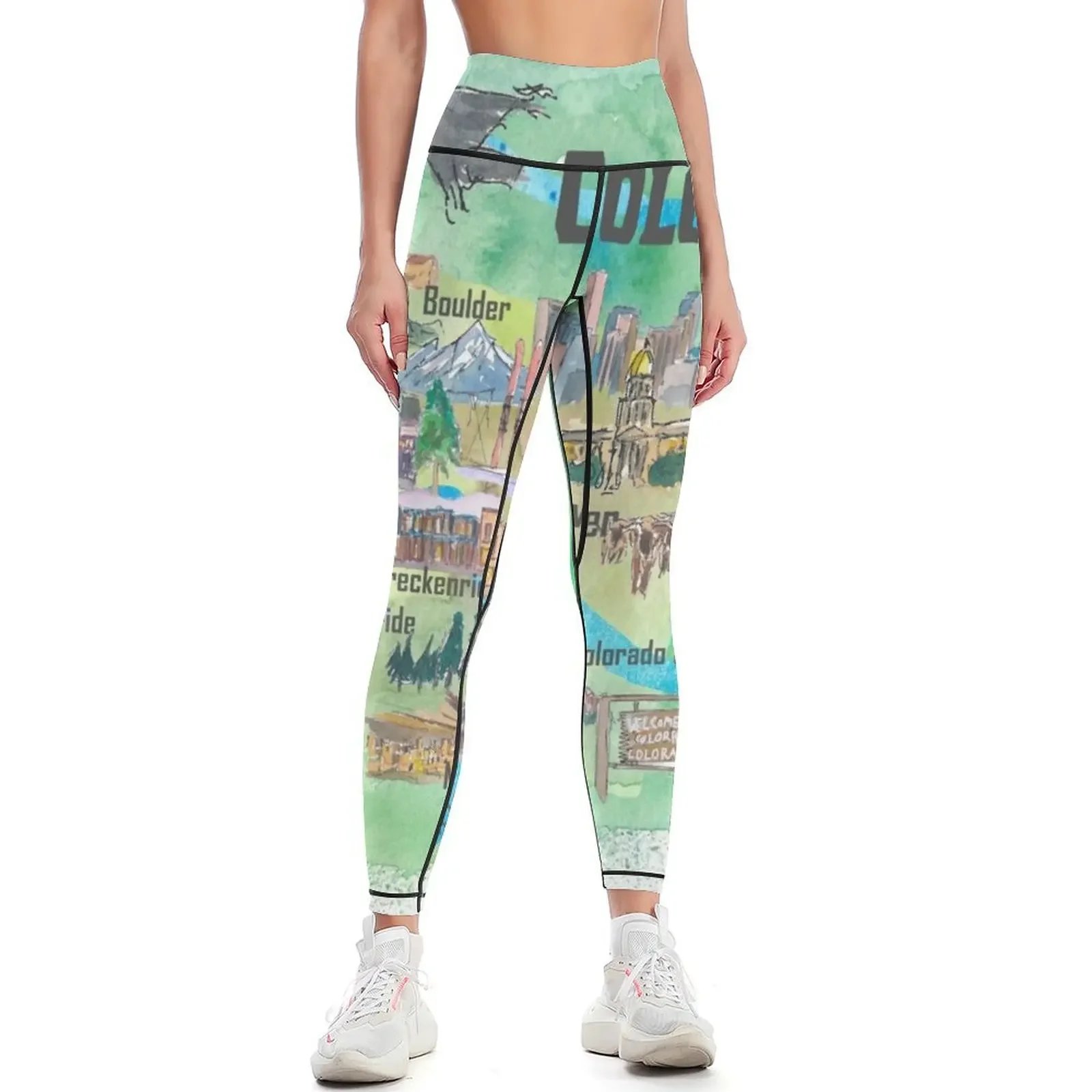 USA Colorado State Travel Poster Illustrated Art Map Leggings flared sporty woman gym gym top Women's trousers Womens Leggings