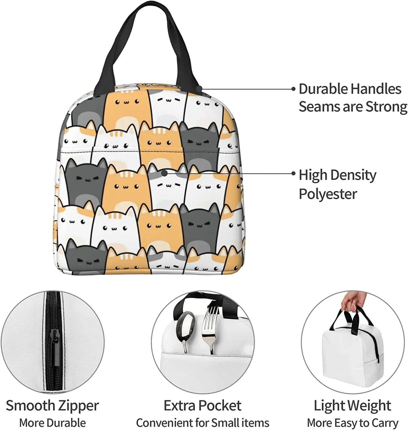 Insulated Lunch Bag Cute Chubby Cats Lunch Box Cartoon Kitten Animal Reusable Waterproof Lunch Tote Bag for School Work Picnic