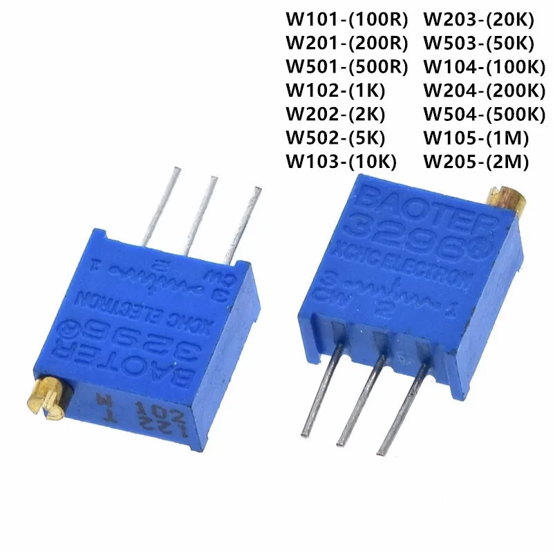 

100PCS 3296W 50 100 200 500 1K 2K 5K 10K 20K 50K 100K 200K 500K 1M Multiturn Trimmer Potentiometer Precision Variable Resistor