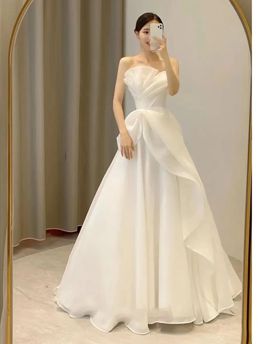 Strapless Wedding Dress 2023 New Simple Summer Silky Organza Bridal Dress Pregnant Women Vestido De Noiva Plus Size Made Custom