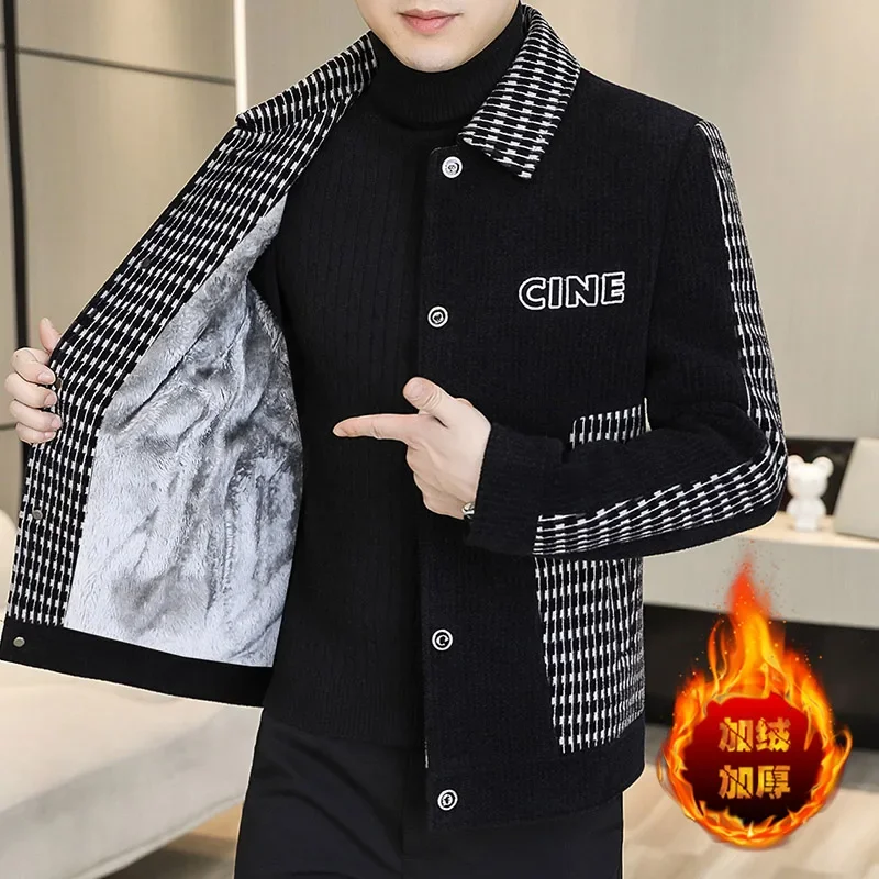 

Autumn Winter Plush and Thick Woolen Jacket Men Warm Wool Blends Trench Coat Casual Business Streetwear Overcoat Men Clothing