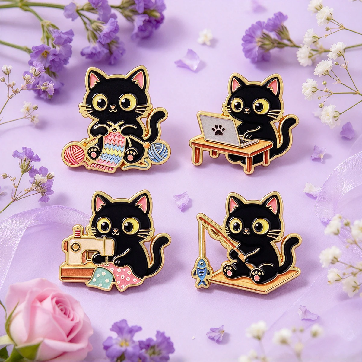 4pcs Kawaii Working Black Cat - Kawaii Tech Accessories recension och pris
