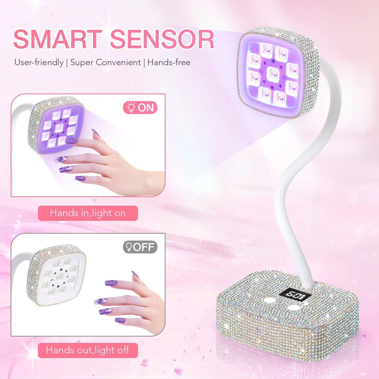 DianaBeauty Rechargeable Nail Lamp LED UV Nail Dryer with Silver Rhinestone and Auto Sensor Portable Manicure Lamp Nail Tools