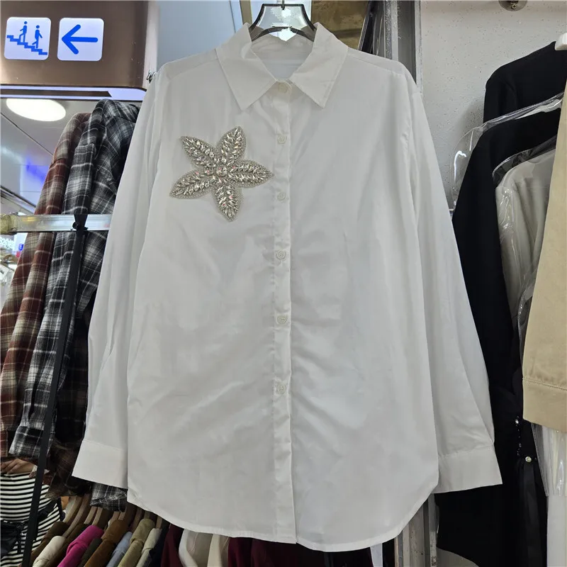 WTHT 트렌디 여성 헤비 인더스트리 다이아몬드 3D 장식 캐주얼 셔츠 2025 가을 패션 긴 소매 블라우스 여성 1LS2586