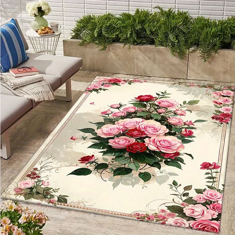 Luxurious Vintage Floral Print Area Rug Non-Slip Machine Washable Floor Mat for Living Room Bedroom Office Decor Washable Carpet