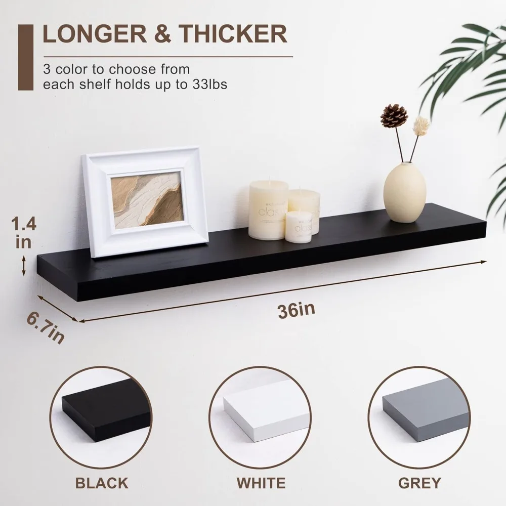 Black Floating Shelves for Wall-36 Inch Lightweight Wood Wall Shelves Set of 2-Floating Black Shelves for Storage Display Ledges