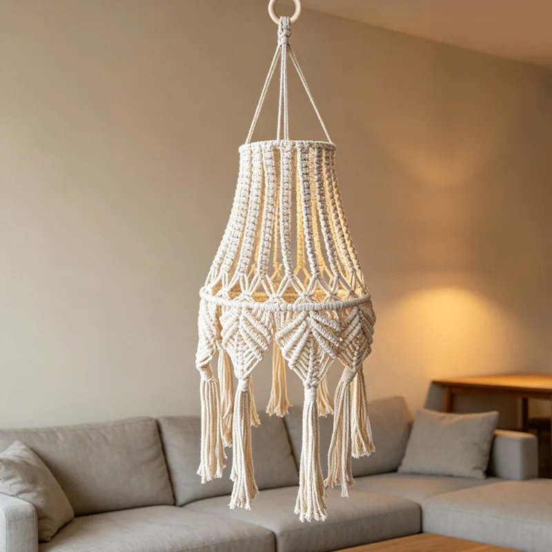 Home Decoration Bohemian Handmade Cotton Rope Woven Chandelier Bedroom Fringe Lampshade Nordic Pastoral Creative Soft Lighting