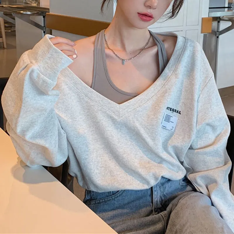 Female Clothing Fake Two Pieces Sweatshirts Korean Long Sleeve Spring Autumn V-Neck Loose Letter Stylish Patch Designs Pullovers