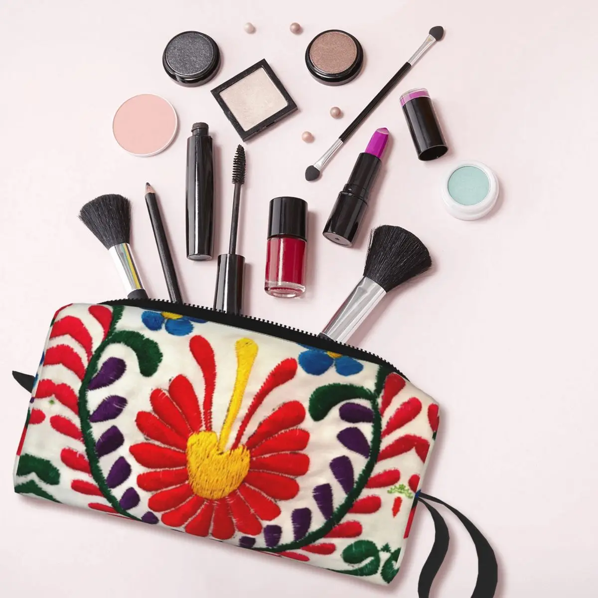 Custom 3D Printing Mexican Flowers Art Toiletry Bag Fashion Textile Embroidery Makeup for Women Beauty Storage Dopp Kit Box