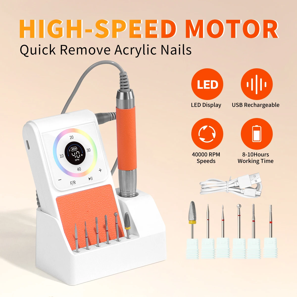 4QUEENS プロフェッショナルポータブル電動ネイルマシン 40000RPM ベース付き 低騒音・安定性抜群 ネイルマシン 美容用