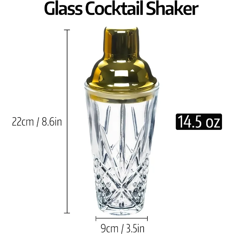 Glass Cocktail Shaker Kit, 14.5 Ounce Martini Mocktail Making Set with Leakproof Metallic Steel Lid & Strainer for Home Use