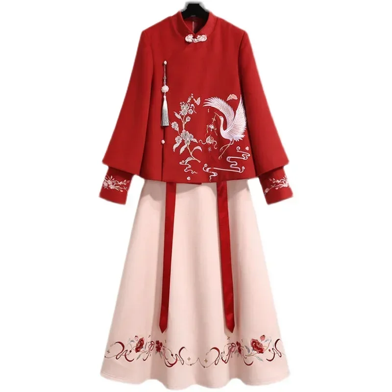 Manteau en laine Cheongsam Hanfu pour femme, broderie de style chinois, mince, grande taille, rouge, jupe, costume, printemps