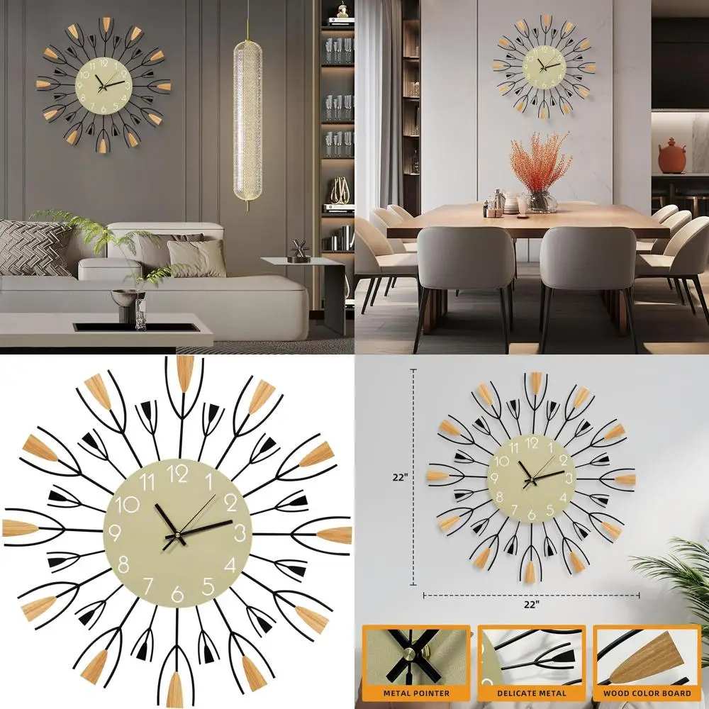 

Mid-Century 24 Sunburst Wall Clock - Silent, Battery-Powered Metal Analog for Home or Office