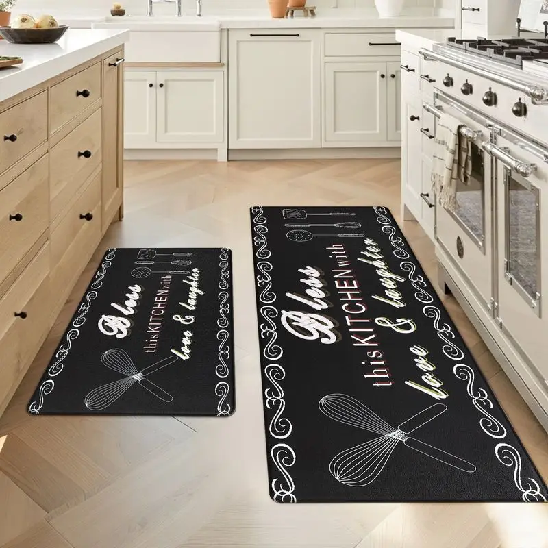 VIKAMA Black Kitchen Mat Set of 2 Absorbent Non Slip Washable Quick Dry Standing Pad for Kitchen Sink Laundry Room Kitchen Decor