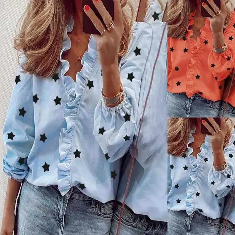 

Spring Star Print Ruffle Women's Blouse Cleanfit Sle Poly Fabric A-Line Sve Thin ort Sve Non-deformable Ladies irt