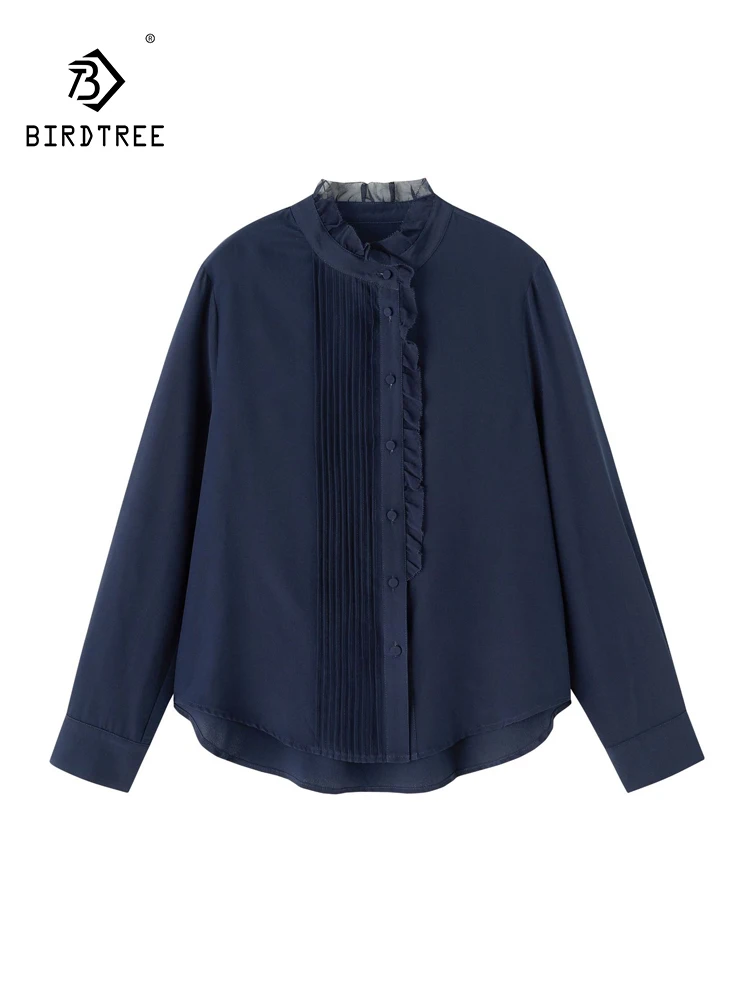 

BirdTree-100%Real Silk Double Crepe Elegant Shirt, Ruffled Folds, Women French Temperament Thin Blouse, 2025 Summer New T64929CC