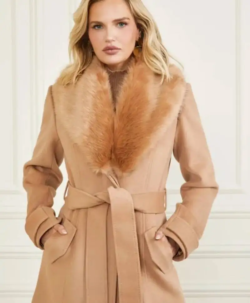 

Women's Single Breasted Woolen Fur Collar, Warm Coat With Belt, New Fashion