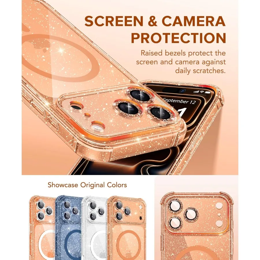 Sparkle oranje helder glitter schokbestendig beschermhoesje voor iPhone 17 Pro dames compatibel met MagSafe anti-vergeling ontwerp