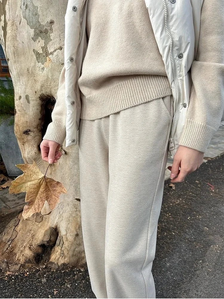 กางเกงขายาวทรงตรงเอวสูงผ้าวูลเนื้อนุ่ม ขากว้าง ไซส์เล็ก ลายพิมพ์ลำลอง สำหรับผู้หญิง ฤดูใบไม้ผลิ 2025