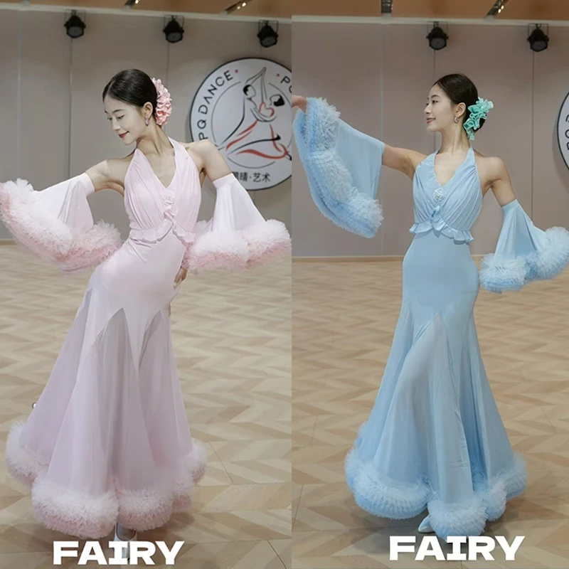 

New Ballroom Dance Competition Dress Women Pink Blue Halter Neck Dress Party Club Waltz Dance Costume Fairy Fluffy Dress BL16052