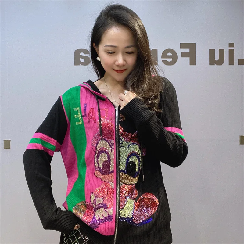 Hooded Long-Sleeved Knitted Cardigan Female 2024 Spring Autumn Women\'s Clothing Heavy Industry Cartoon Rhinestone Zipper Coat