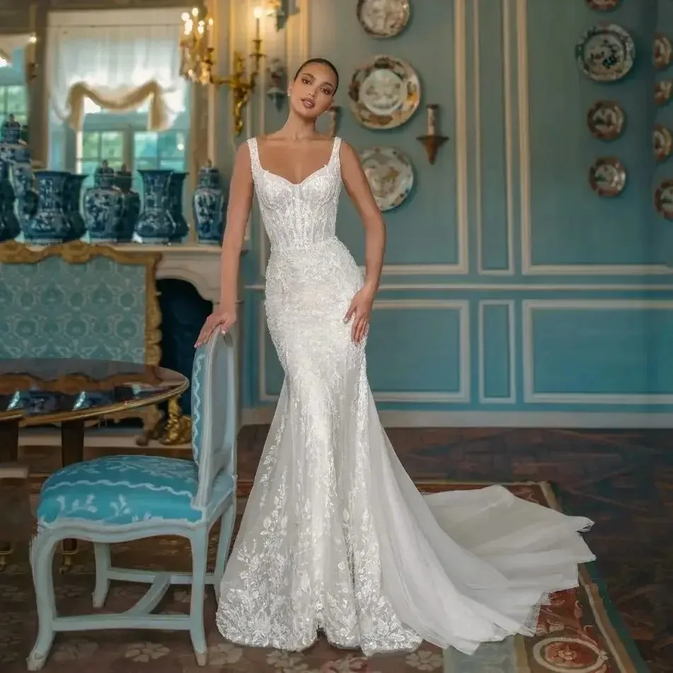 

Customized 2026 Exquisite Wedding Dress For Woman Vestido De Novia Square-Neck A-Line Lace Appliques Sequins Bride Gowns