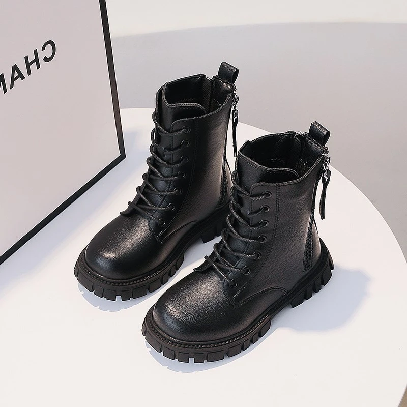

Girls Fashion Boots Black Warm Motorcycle Autumn Winter Kids Ankle Botas Double Zipper Anti-skid Children Rubber Boot New