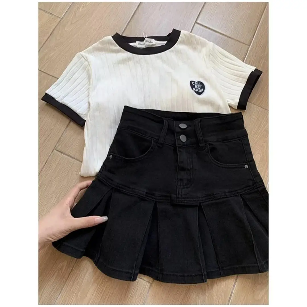 

Джинсовая юбка А-силуэта с высокой талией для женщин, плиссированная, укороченная, для фигуры типа «груша», больших размеров, летняя, повседневная, в студенческом стиле