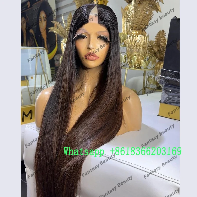 

Super Long Virgin Human Hair Half Full Machine Made U Part Wigs Adjustable Straps Glueless V Part Ombre Dark Brown Wigs Natural