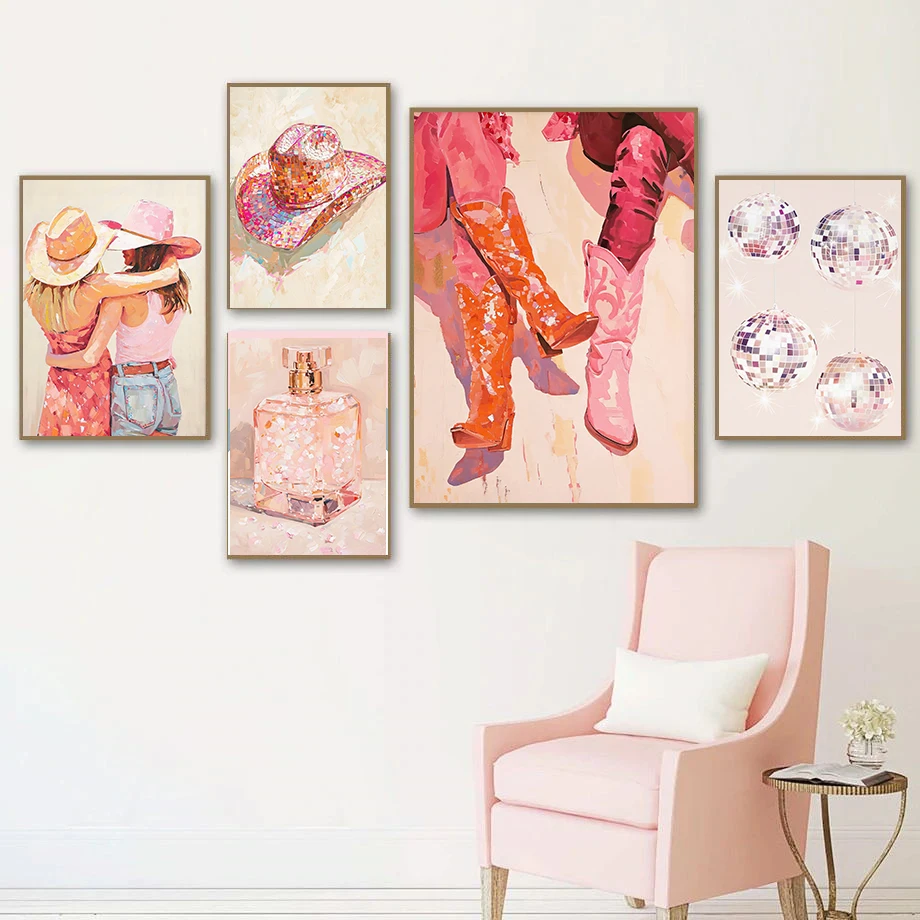 Pink Cowgirl Perfume Bottle Boot Cowboy Hat Disco Bulb Wall Art Canvas Painting Nordic Poster Schoolgirl Dormitory Decor