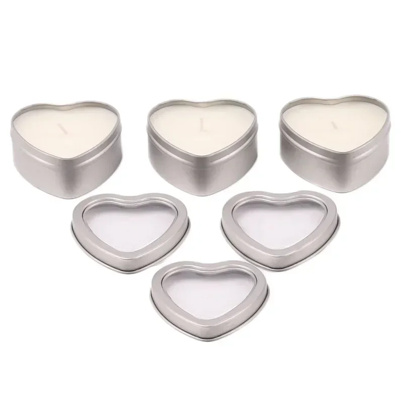 12/30Pcs Heart-shaped Metal Tins With Window Silver Candle Jar Empty Storage Box DIY Cream Cosmetic Container Candle Making Jars