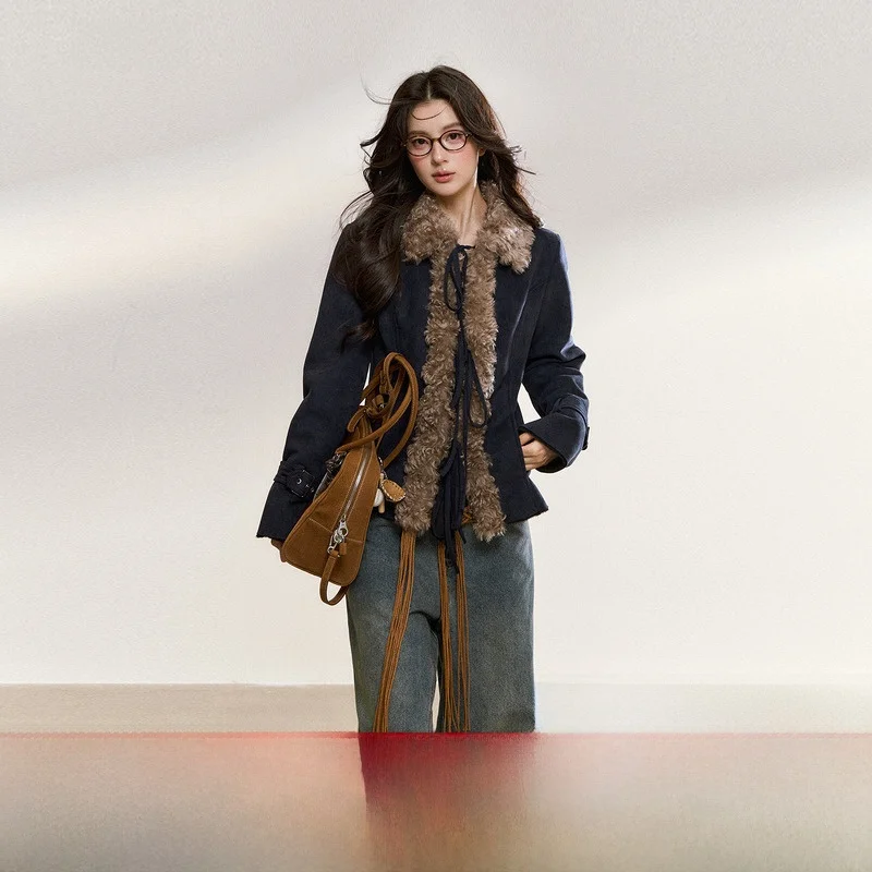 

7iftin Оригинальная осенне-зимняя куртка в стиле «Spicy Girl», элегантная, приталенная, с меховым воротником, ретро-топ, женская модная верхняя одежда