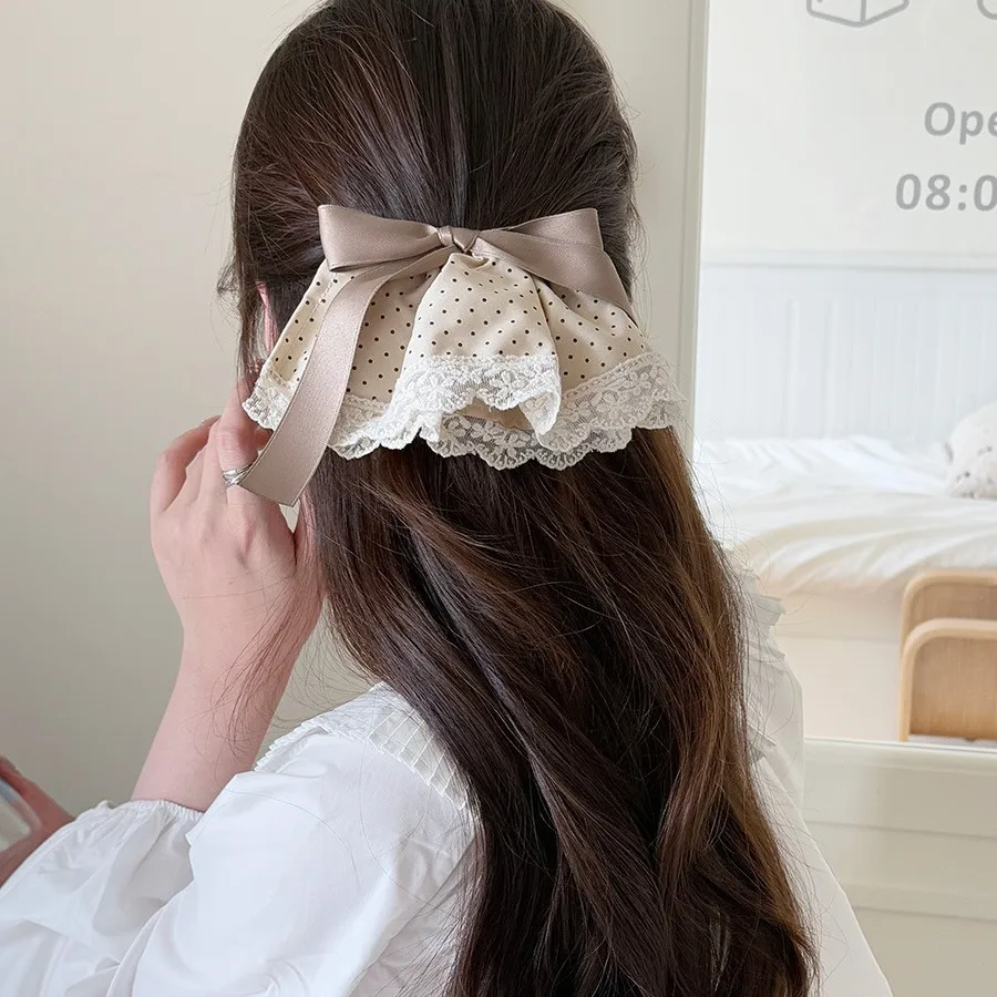 

Polka Dot Scrunchie With Spring Clip Lace Trim Satin Bow Soft Hair Accessory For Girls Korean Style Daily Use