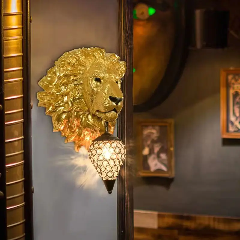 OUTELA Modern Gold Lion Wall Lamp LED Vintage Creative Resin Sconce Light for Home Living Room Background Corridor Decor