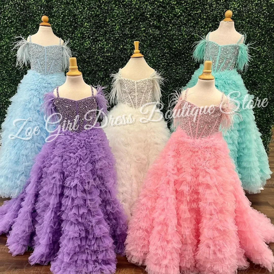 

Feather Off The Shoulder Baby Girl First Holy Communion Gowns Beaded Layered Ruffles Flower Girl Dresses For Wedding Customized