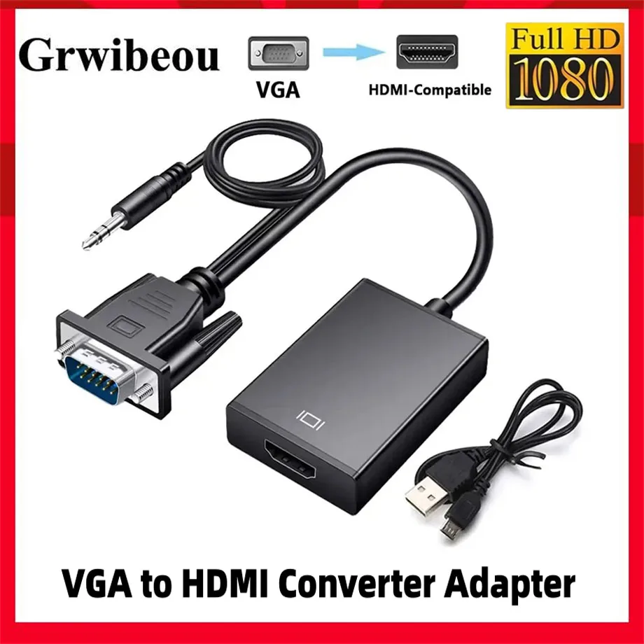 1080P VGA to HDMI-compatible Converter  Adapter with Audio Video Cable VGA Input HDMI Output for Computer Laptop TV Projector