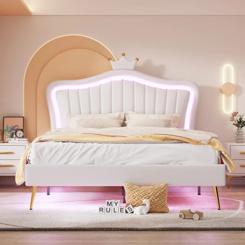 Bed,Princess Bed,Modern Comfrotable Upholstered Bed Frame with LED Lights and Crown Headboard Design,for bedroom