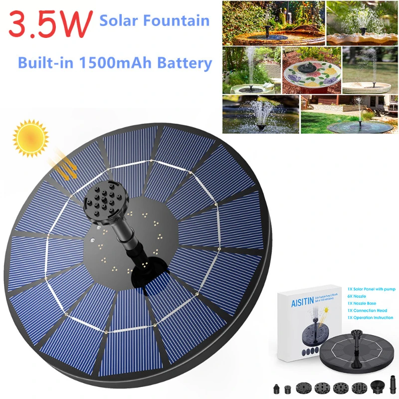 Solarna pompa fontannowa 3,5 W, słoneczna pompa wodna Pływająca fontanna Wbudowana bateria 1500 mAh, z 6 dyszami, do kąpieli dla ptaków