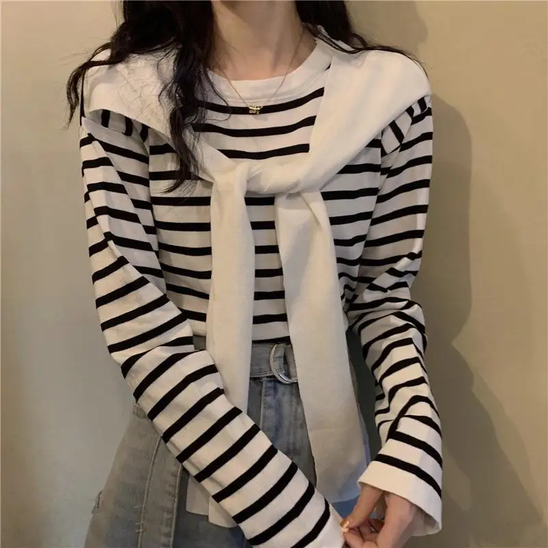 Stylish Shawl Spliced O-Neck T-shirt Spring Autumn New Korean Striped Knitted Female Clothing Casual Basic Long Sleeve Pullovers