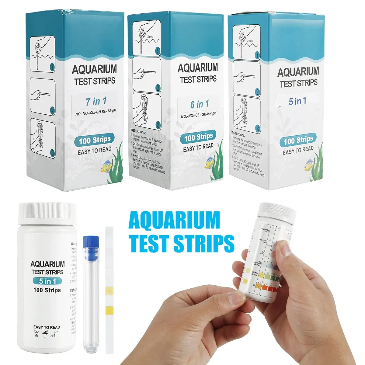 100pcs 7-IN-1 Aquarium Test Strips Fish Tank Test Kit Freshwater Saltwater Aquarium Water Test to Detect PH NO3 NO2 GH KH CI TCL